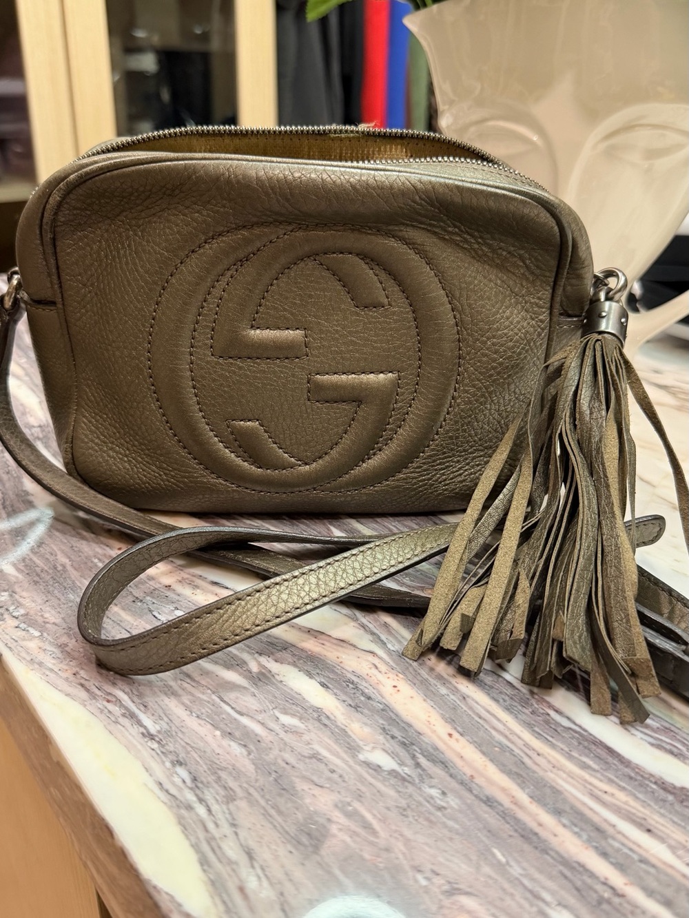 Gucci Olive Green Pebbled Leather Crossbody with Tassel